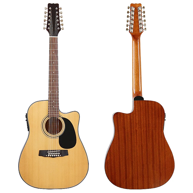 Electric Acoustic Guitar 12 String Natural Cutaway 41 Inch Folk Guitar High Glossy Spruce Wood Top with EQ