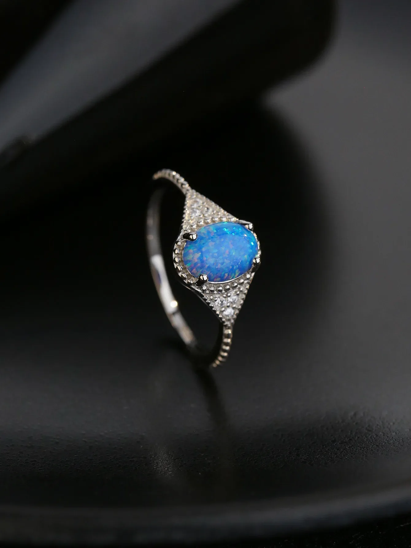 100% 925 Silver Women's Ring Inlaid with Zircon and Blue Opal,Simple Exquisite Design with Bohemia Style for Company Party Wear