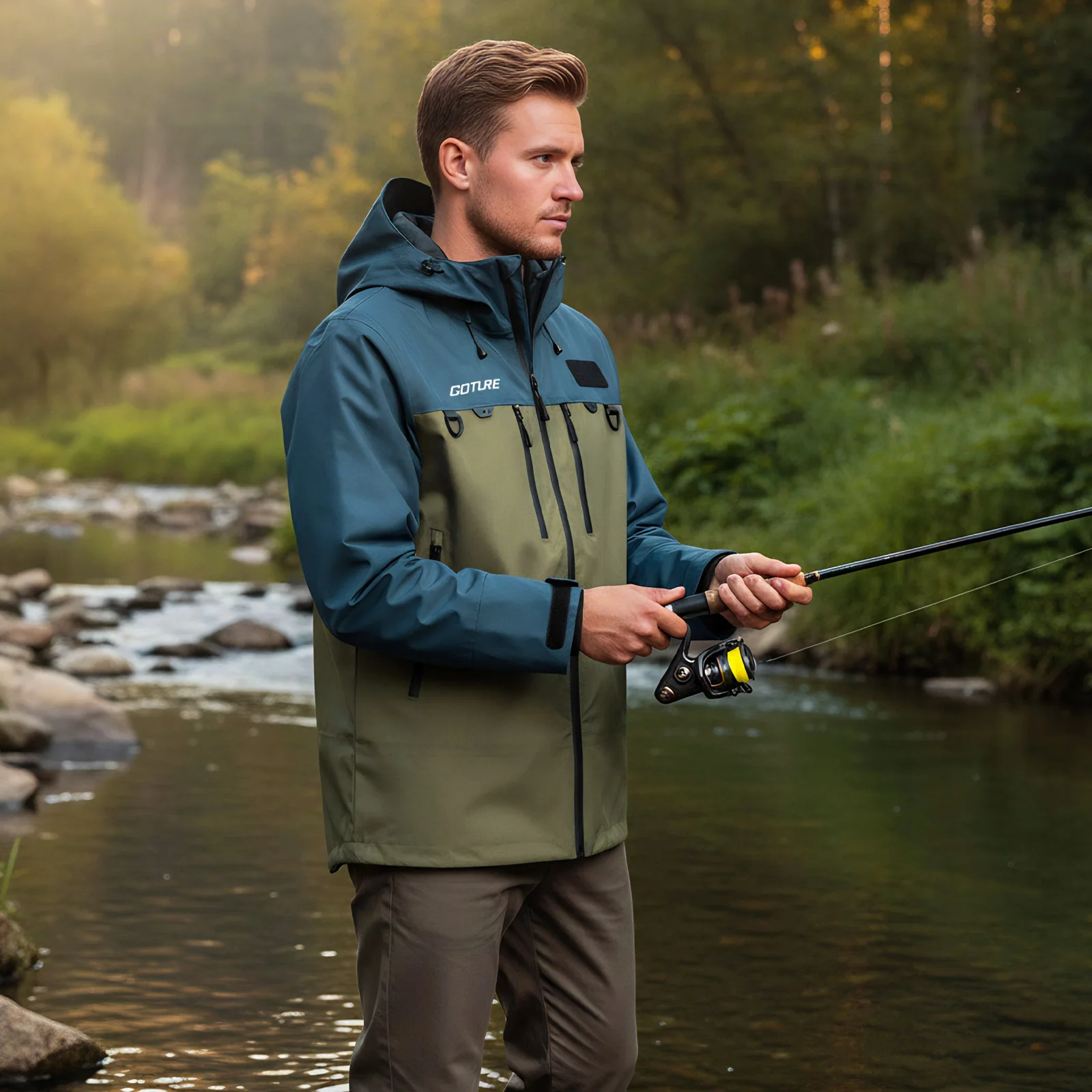 Goture Fishing Jacket with Waterproof Bag for Mobile Phone  Waterproof Breathable for Camping Fishing Outdoor Clothing Apparel