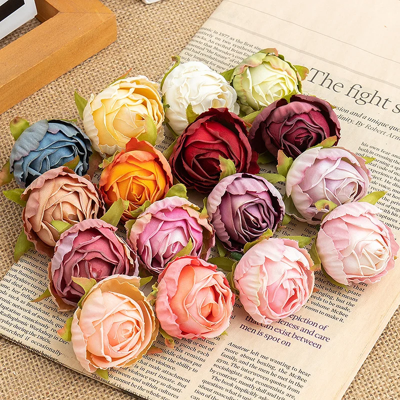 5Pcs Artificial Flower Silk Retro Burnt Edge Tea Buds Rose Head Christmas Wedding Home Decorative Fake Floral Craft Arrangement