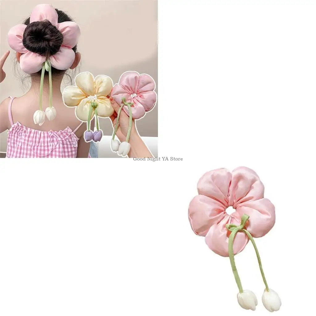 Elástico flor cabelo scrunchie para crianças meninas elástico tecido arcos rabo cavalo titular laço cabelo suave para o