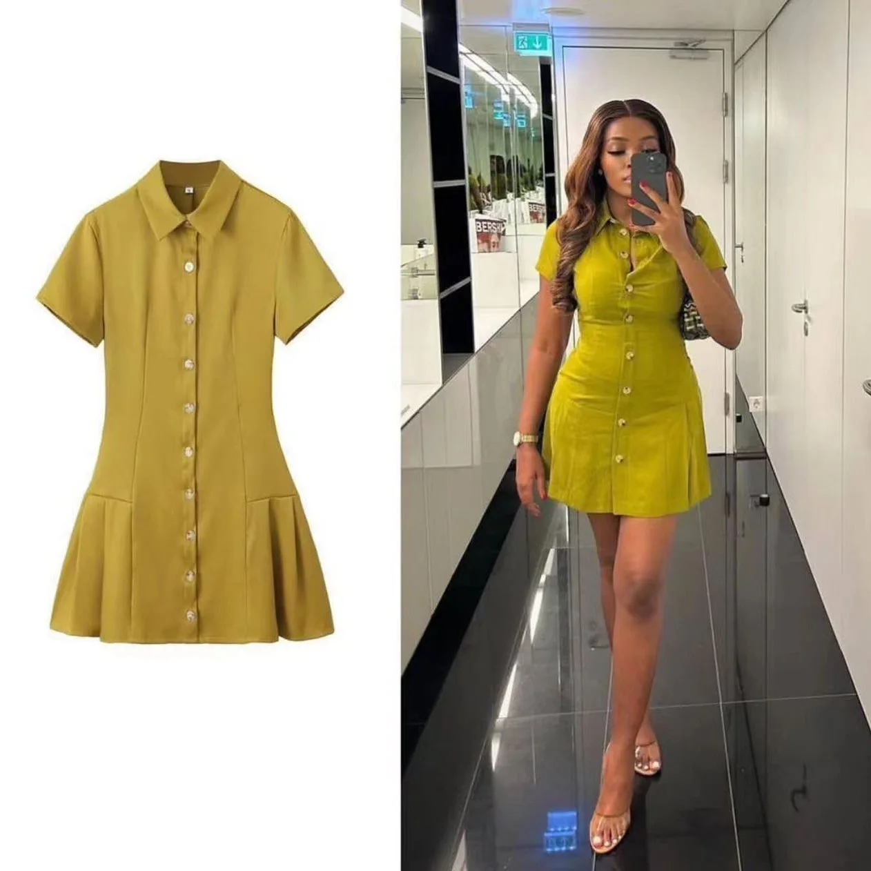 Spring Summer Women\'s Dress Casual Lapel Solid Pleated Skirt Vintage Short Sleeve Slim Fit Single Breasted Shirt Mini Dresses