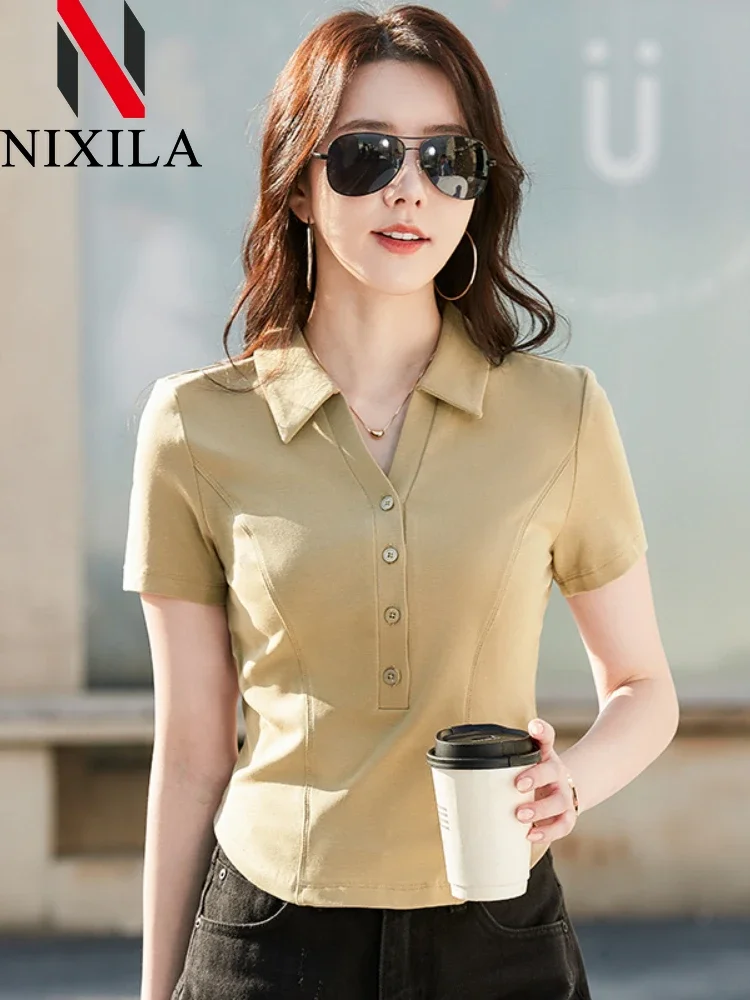 Summer Short Style Polo Shirts Women Korean Version Slim Fit Short Sleeved Top Fashion Elegant T-shirts Retro Female Clothing