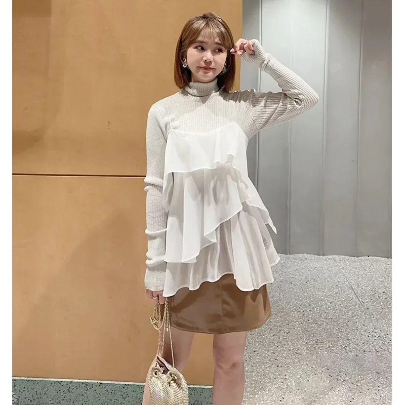 

Комплект из двух предметов: вязаный свитер с воротником-стойкой и рюшами, ранняя весна 2025, японский стиль, трансграничная поставка