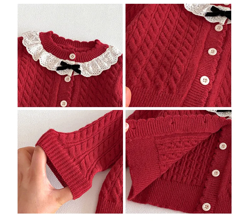 Girls' Foreign New Year's Greetings 2025 New Winter Baby Thickened Knitted Sweater Children's Fashion Lace Neck Cardigan