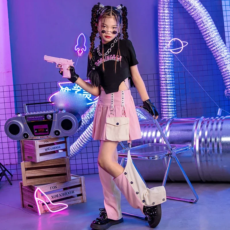 Suit Fashion Hip Hop Dancing Rave Clothes 2024 New Girls Jazz Modern Dance Costumes For Kids Black Crop Tops Pink Pants