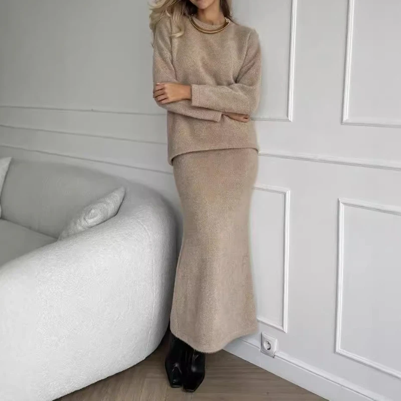 

Осенне-зимний элегантный мягкий толстый свитер с круглым вырезом 2022, юбка «рыбий хвост», комплект из двух предметов, женский комплект с юбкой