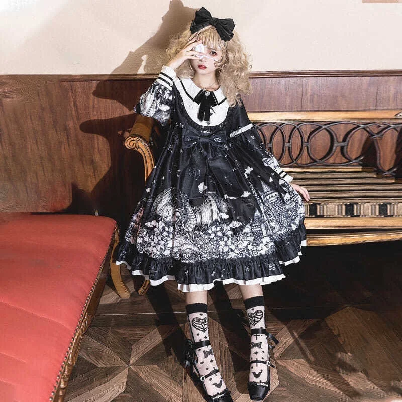 Plus Size 4XL 140kg Autumn Lolita Dress Women Long Sleeve High Waist Black Dark Dresse Butterfly Princess Print Dress