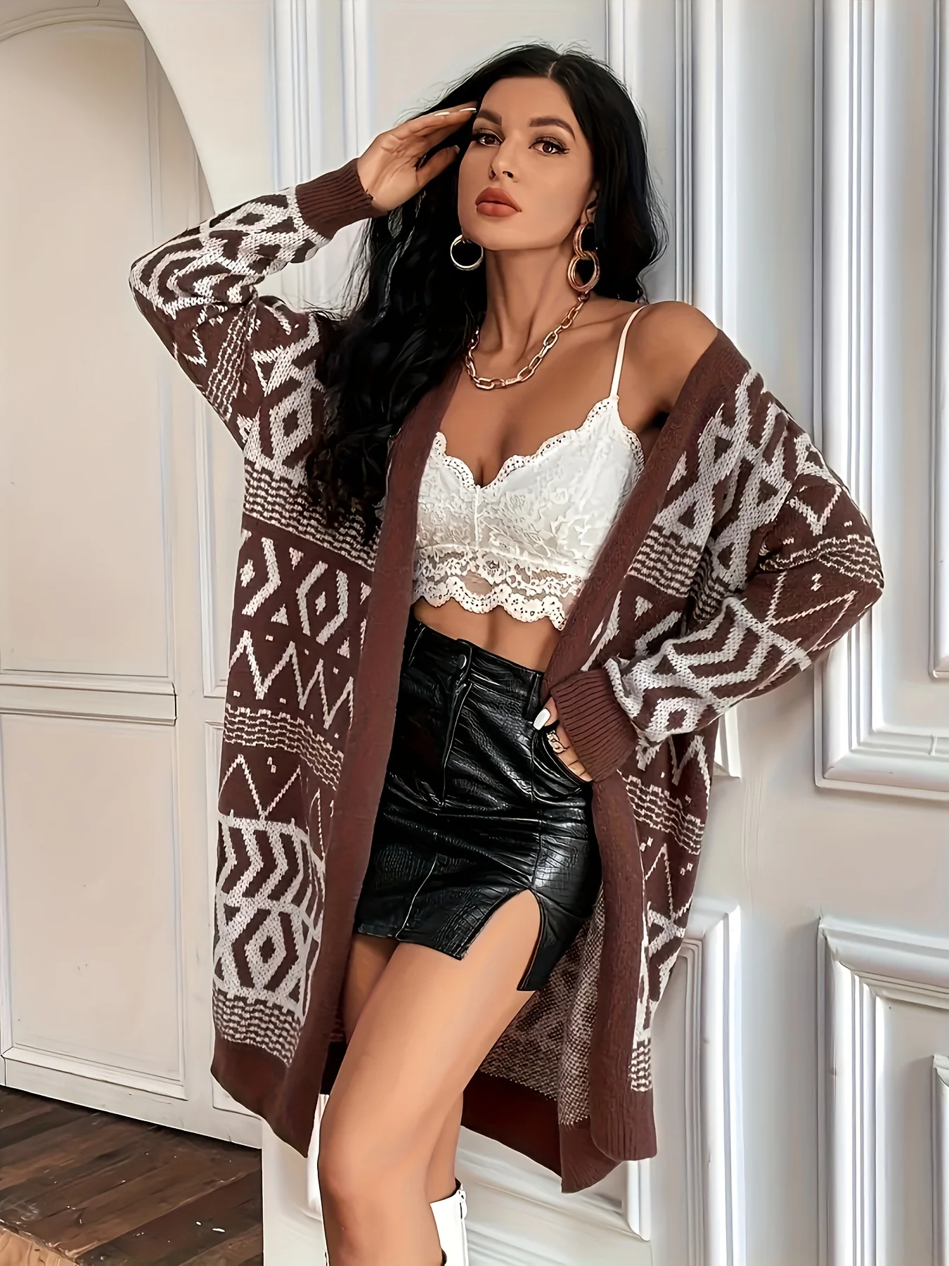

Plus size women's geometric pattern cardigan sweater; casual versatile coat for autumn and winter