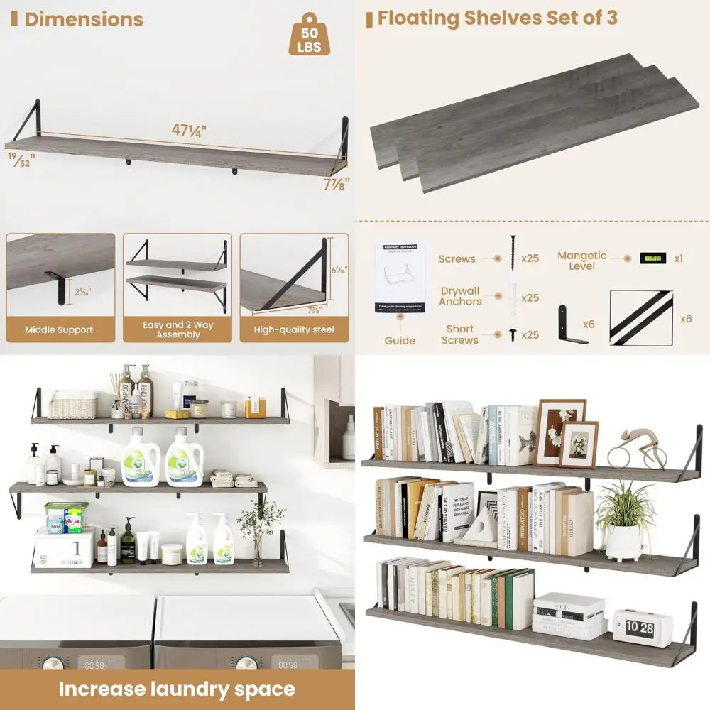 

Set of 3 Silver Grey Wall-Mounted Book Shelves, 47.2 Long, Heavy-Duty for Living Spaces and Storage