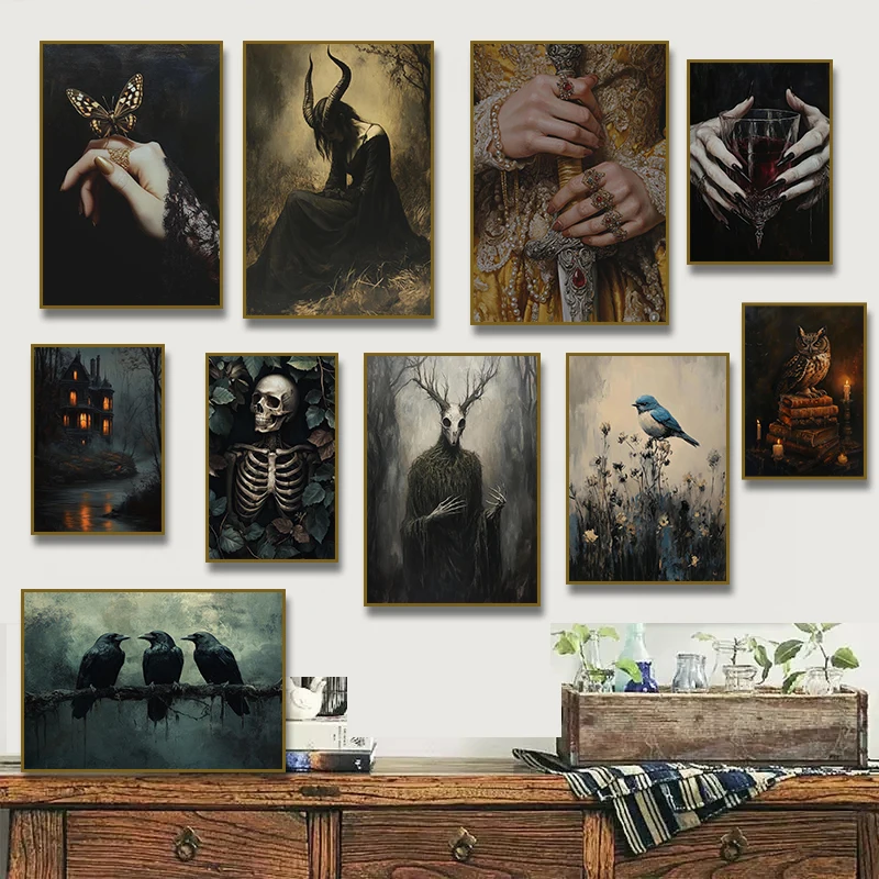 1pc Frameless Canvas Painting Vintage Moth Hand Crows Skull Poster Canvas Painting Art Print Gothic Dark Cottagecore Moody Vi