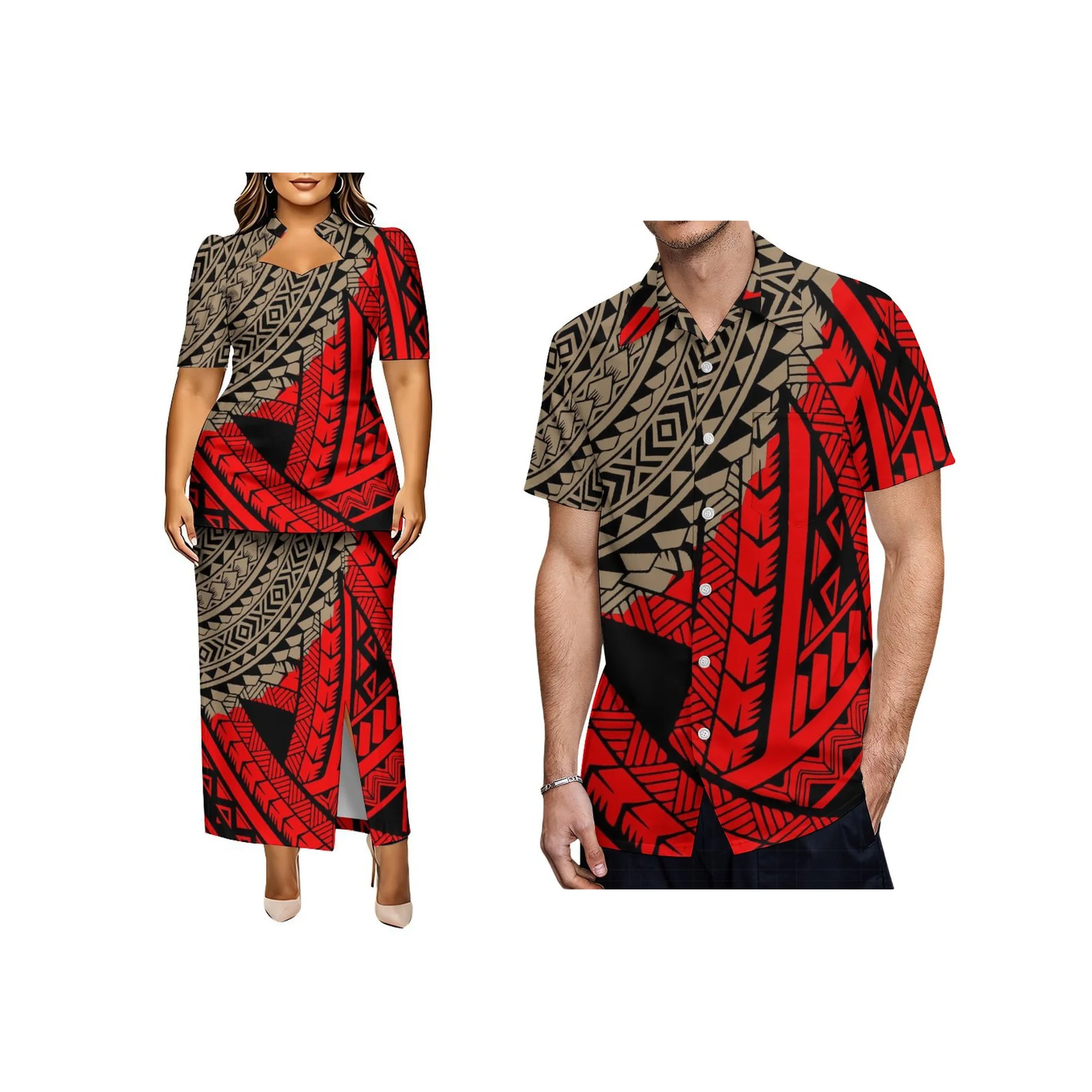 Novo Conjunto Feminino de Duas Peças Puletasi com Estampa Tribal Floral de Plumeria Havaiana, Blusa de Manga Curta com Decote em V e Saia Longa com Fe
