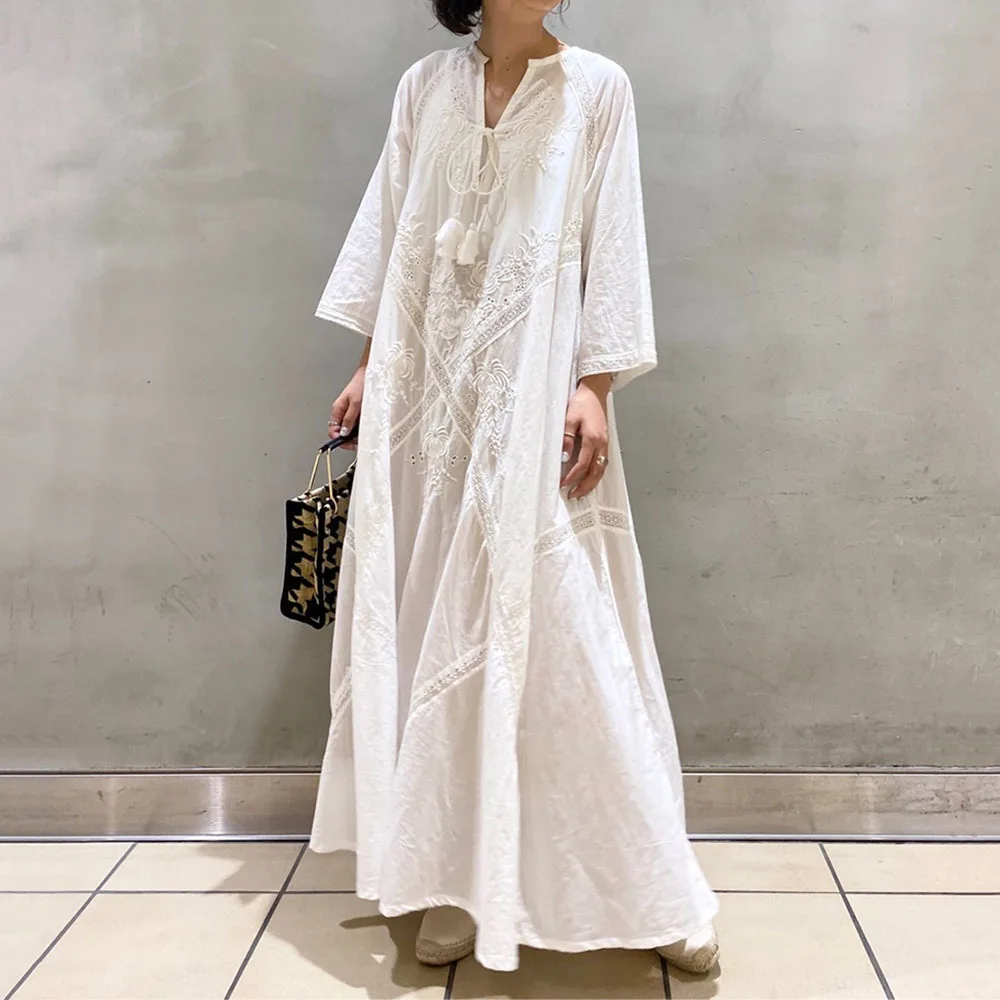 

Vintage A-line White Dress Women Embroidery Dresses Summer New Japanese Loose Tie-front Long Dress Vestido Feminino