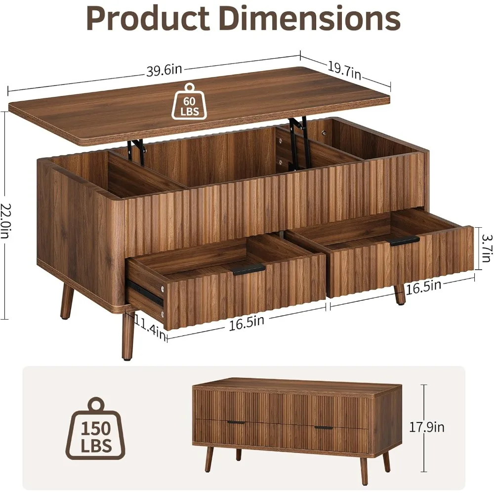 Lift Top Coffee Table with Storage - Fluted Wood Coffee Tables for Living Room with Drawers & Hidden Compartment, Mid Century Mo