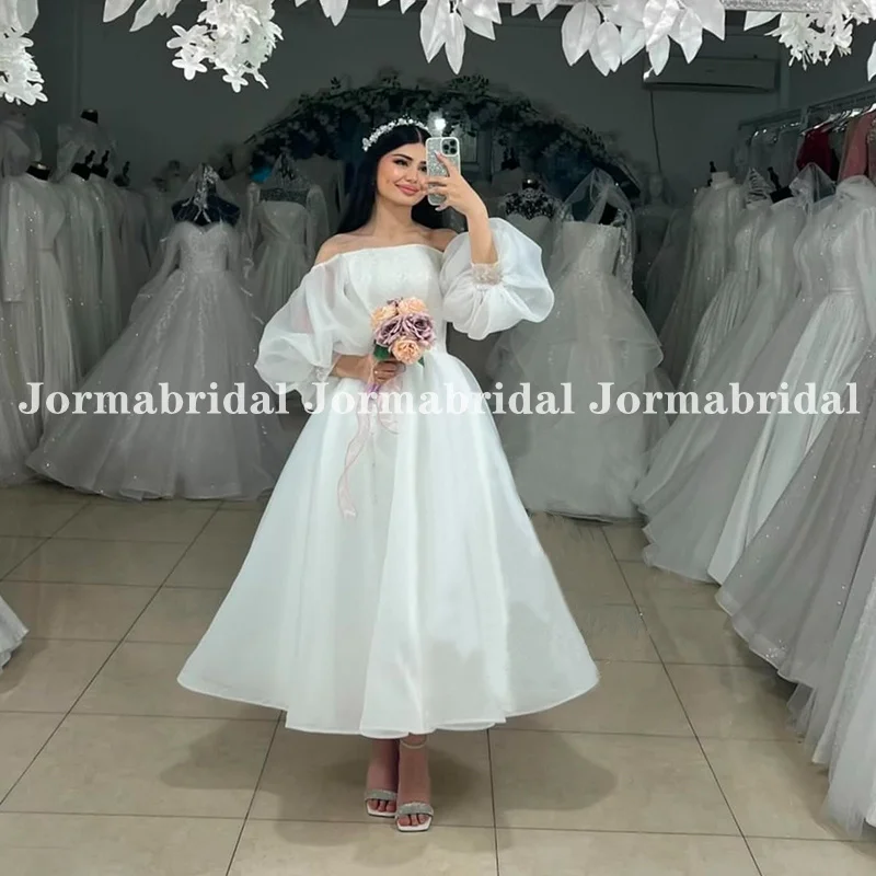 فستان زفاف برقبة قارب بطول الشاي وأكمام منتفخة صيفي على شكل حرف a فستان زفاف الشاطئ تركيا العروس فستان حفلات الزفاف حسب الطلب