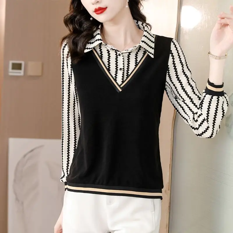 패셔너블한 프린트 롱 슬리브 여성용 페이크 투피스 베이스 레이어 탑 트렌디 칼라 싱글 버튼 클로저 루즈핏