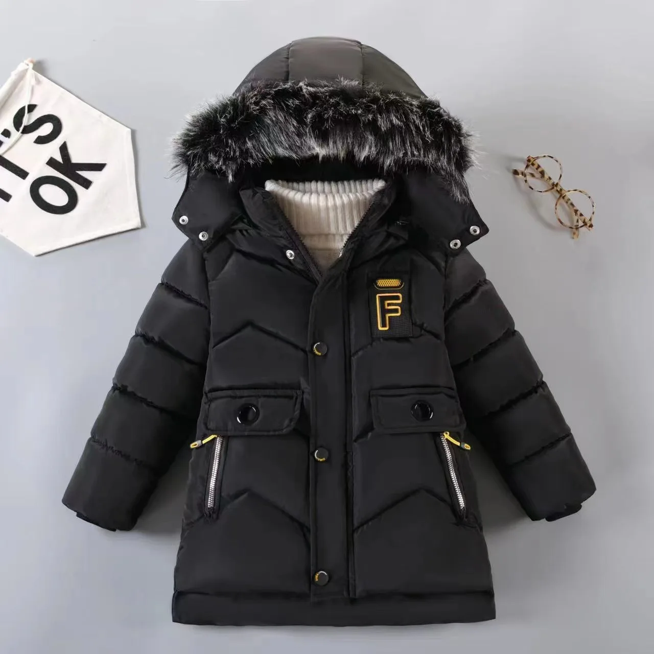 Winter New Boys Jacket Solid Color Letter Printing Thicken Keep Warm Hooded Coat For 3-10Y Kids Fashion Down Cotton Snowsuit