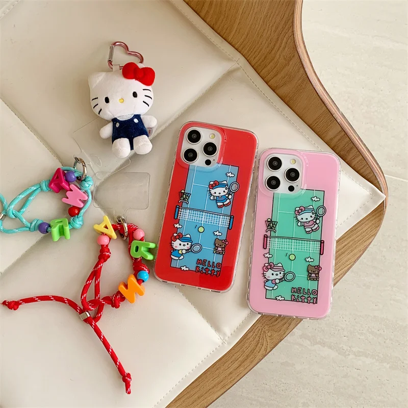 Cute Sports Tennis Court Hello Kitty Play Tennis Cartoon Phone Case For Phone Case For iPhone 12 13 14 15 16 Pro Max Y2k Lanyard