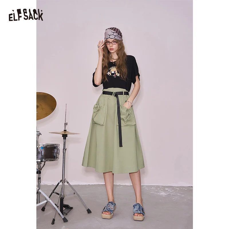 ELFSACK 2025夏新作 Y2Kテックウェア ユーティリティドレス グラフィックプリント カラーブロック Tシャツワンピース レディース