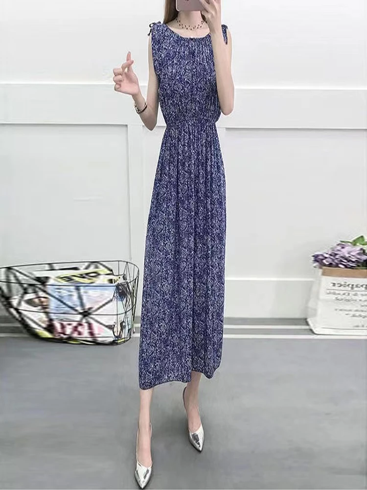 여름 플로럴 프린트 코튼 실크 루즈 롱 베스트 여성용 드레스 한국 스타일 하이 웨이스트 V넥 비치 가운