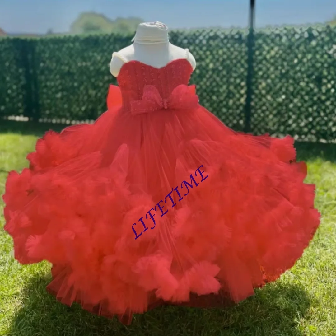 تخصيص السباغيتي الأشرطة زهرة فتاة فستان ألف خط مطوي الكشكشة الديكور فستاين سهرة/فساتين الحفلات مع القوس تول أول بالتواصل عيد ميلاد P