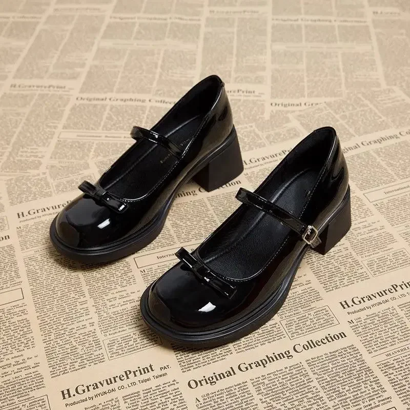 2024 New Hot Selling Versatile Square Toe Solid Color Shoes Bow Decoration Bag Heel Straight Buckle Ladies Shoes Zapatos Mujer