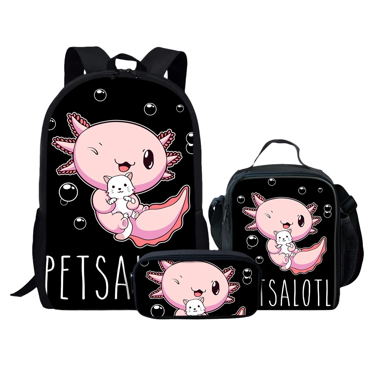 Kawaii Axolotl ransel kartun remaja perempuan laki-laki tas sekolah kapasitas besar warna macan tutul cetak 3 buah/Set ransel untuk siswa