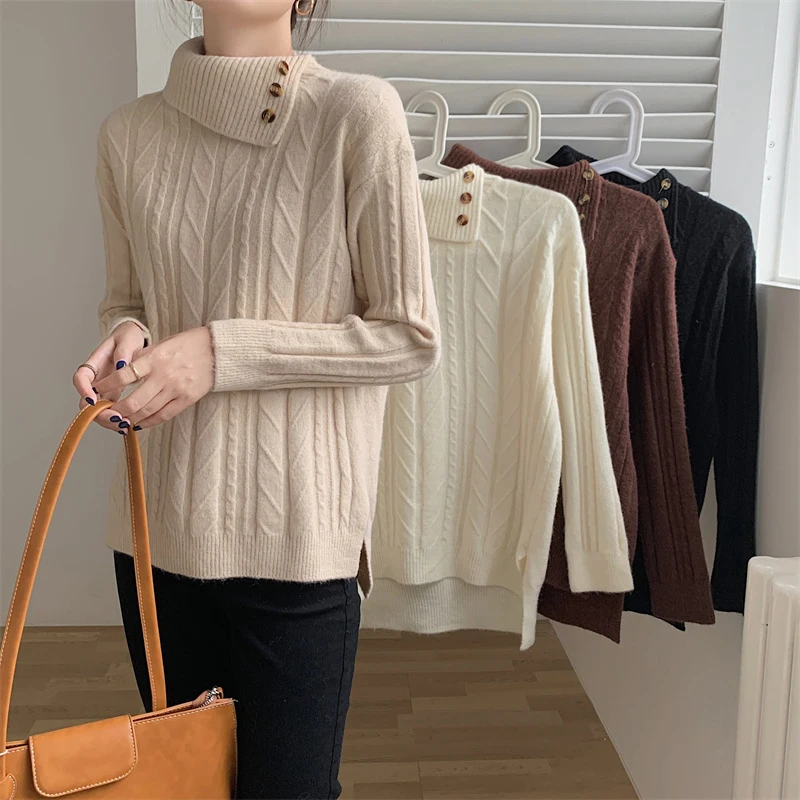 MEXZT setengah Turtleneck Sweater wanita Vintage lengan panjang rajutan pullover musim dingin hitam putih Chic rajut kasual jumper