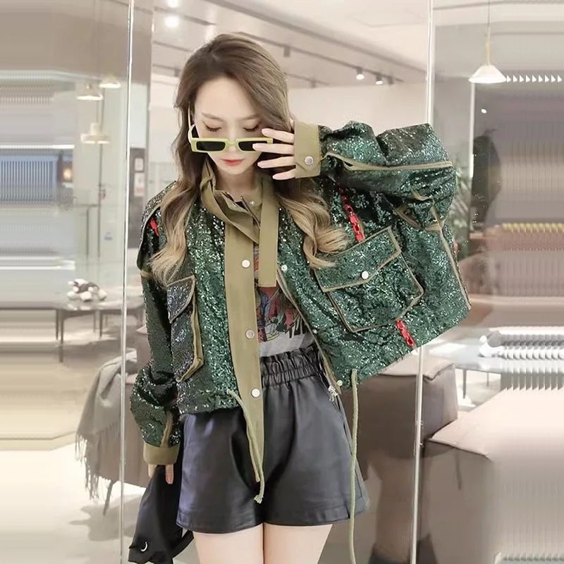 Fashion Sequins Army Green Short Jacket Coat Spring Autumn Loose Casual Stand-up Collar Big Pocket Drawstring Hem Female Outwear