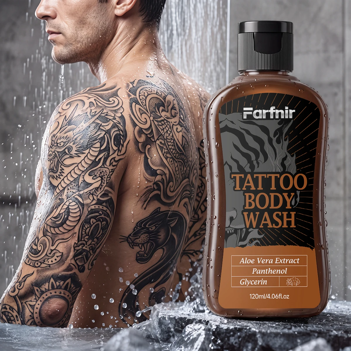 Tattoo body wash, gently cleanses and protects tattoos, with a woody scent, suitable for all seasons.