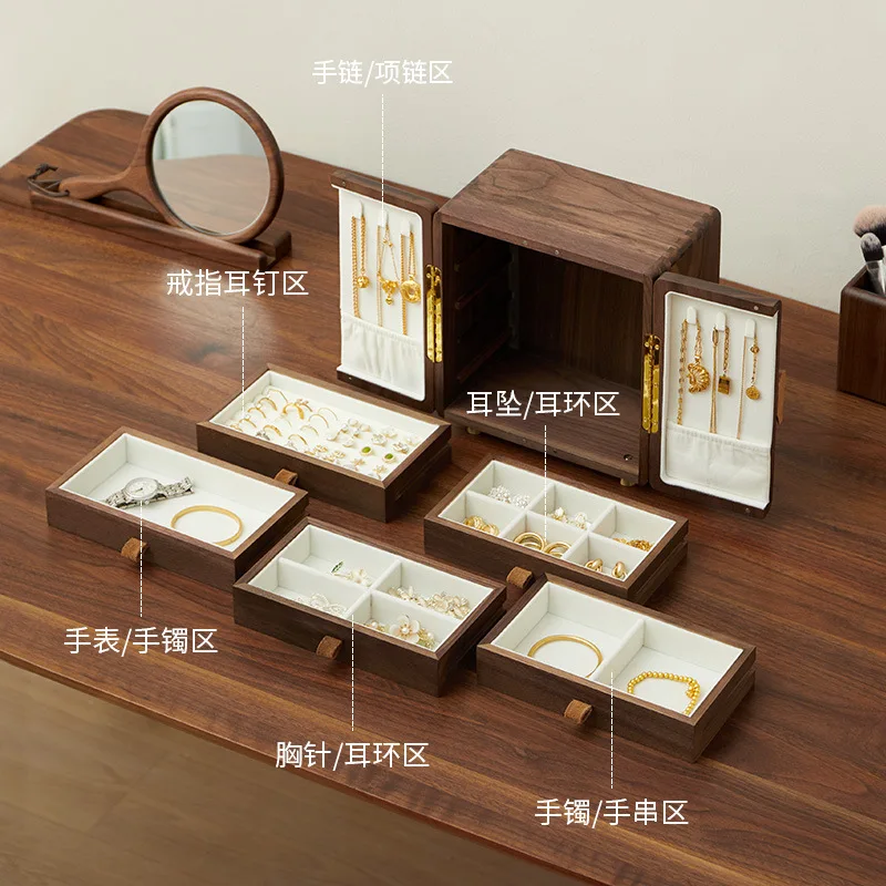 Portagioie in legno, anello portagioie, collana, scatola per orecchini a bottone, grande capacità, lusso leggero, senso di fascia alta, multistrato