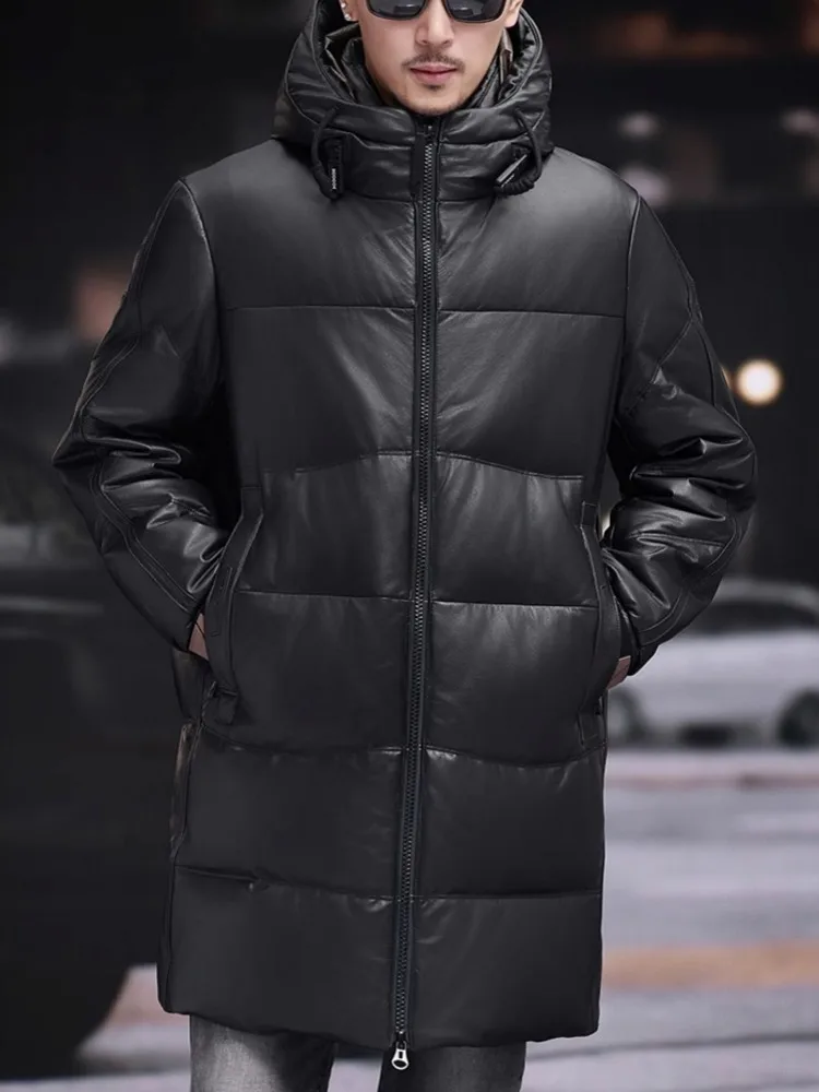 أعلى جودة الشتاء الرجال هودي طويل جلد البقر جلد طبيعي أوزة أسفل سترة سميكة معطف دافئ مستقيم سترة واقية خندق معطف #3
