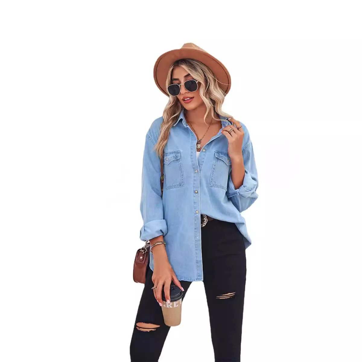 2024 fashion hot selling new light colored slimming thin denim long sleeved shirt for women