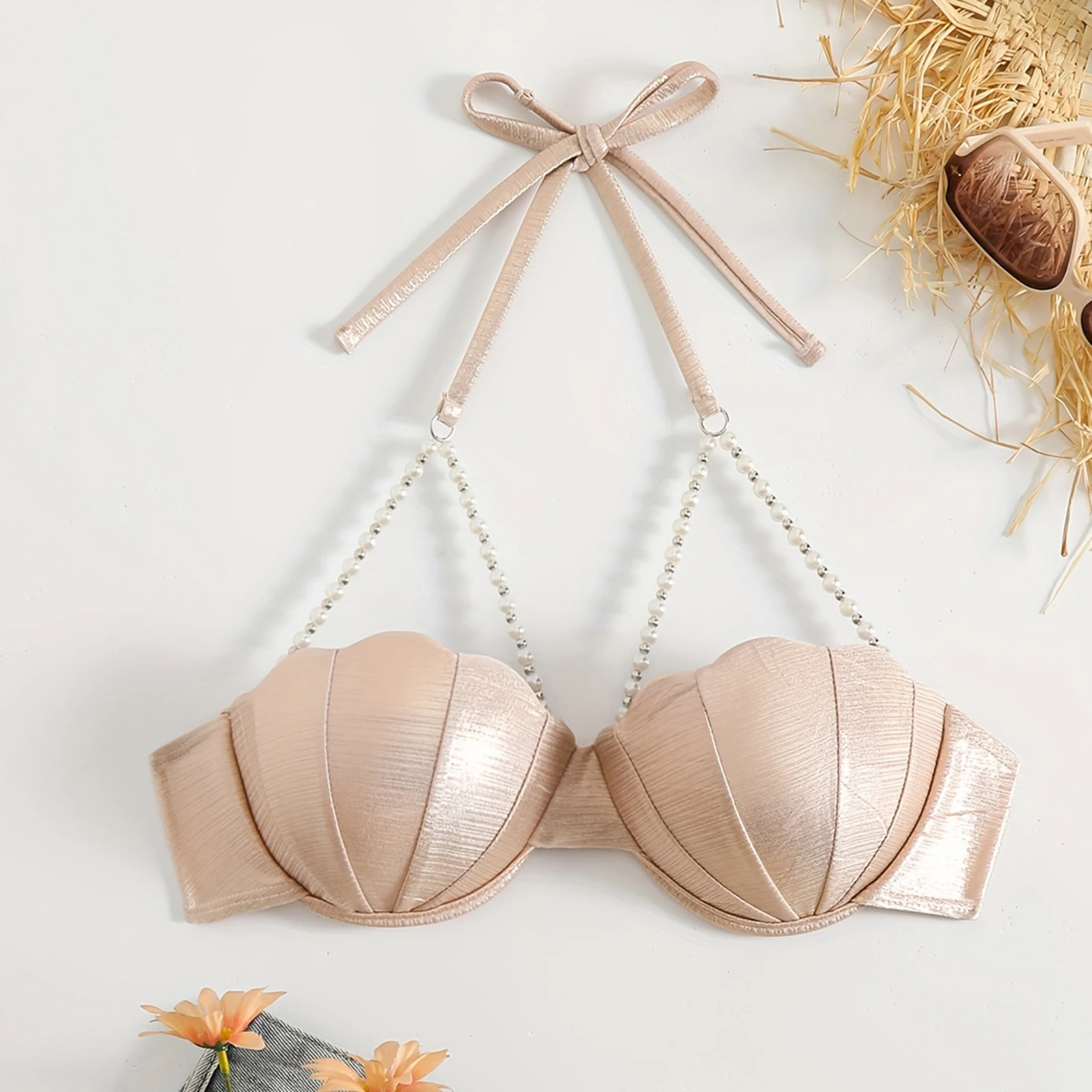 

Женский неоново-зеленый топ-бикини с жемчужными цепочками на бретелях, с волнистым краем, пуш-ап, с завязками на шее, для плавания