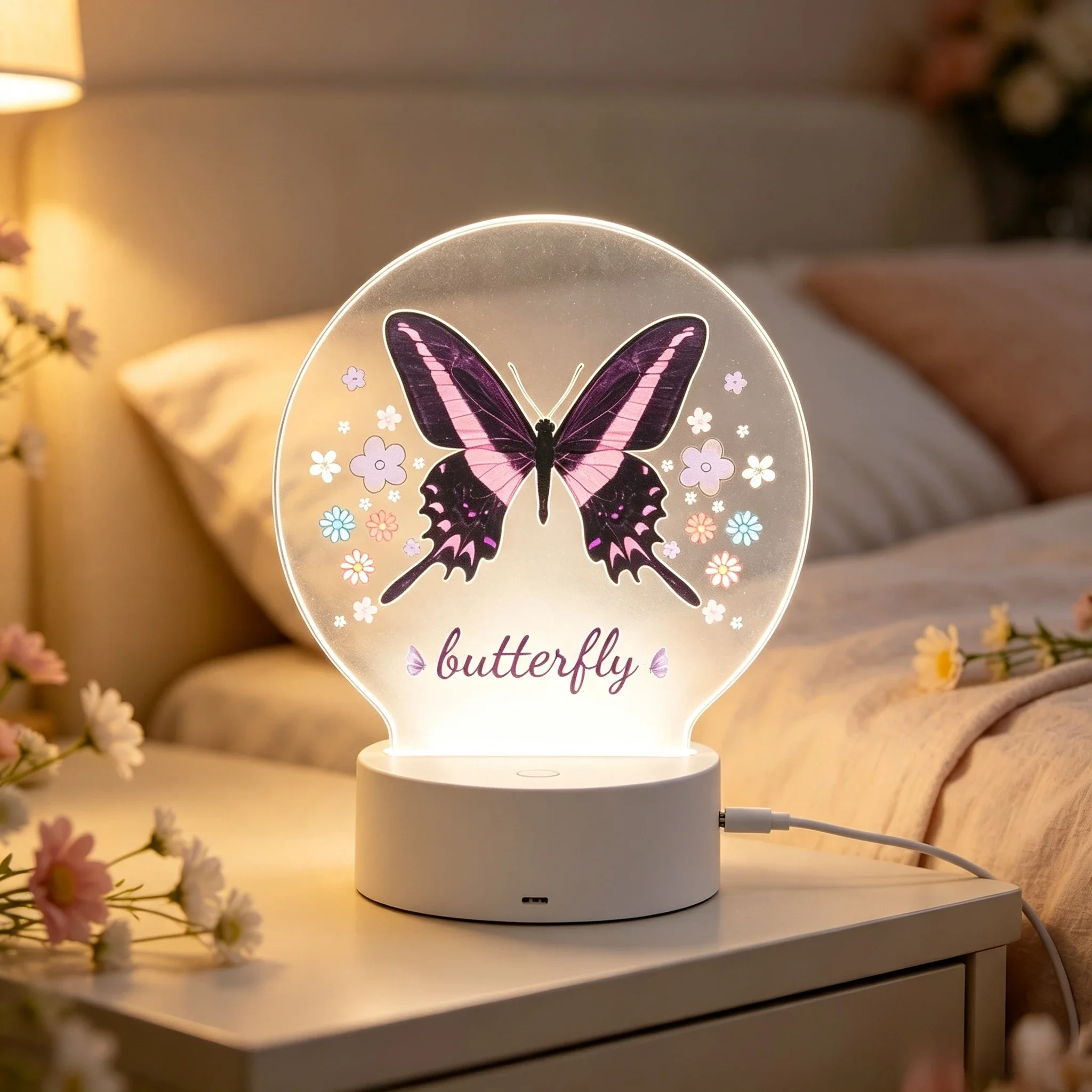 Round Frame Butterfly Pattern Acrylic LED Night Light Home Decor Lamp