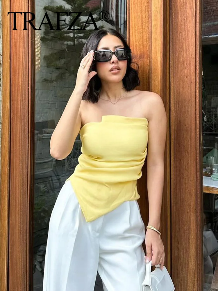 TRAFZA Summer Sexy Asymmetric Tube Tops for Woman Fashion Off Shoulder Corset Top Female Elegant Ruched Yellow Crop Slim Tops