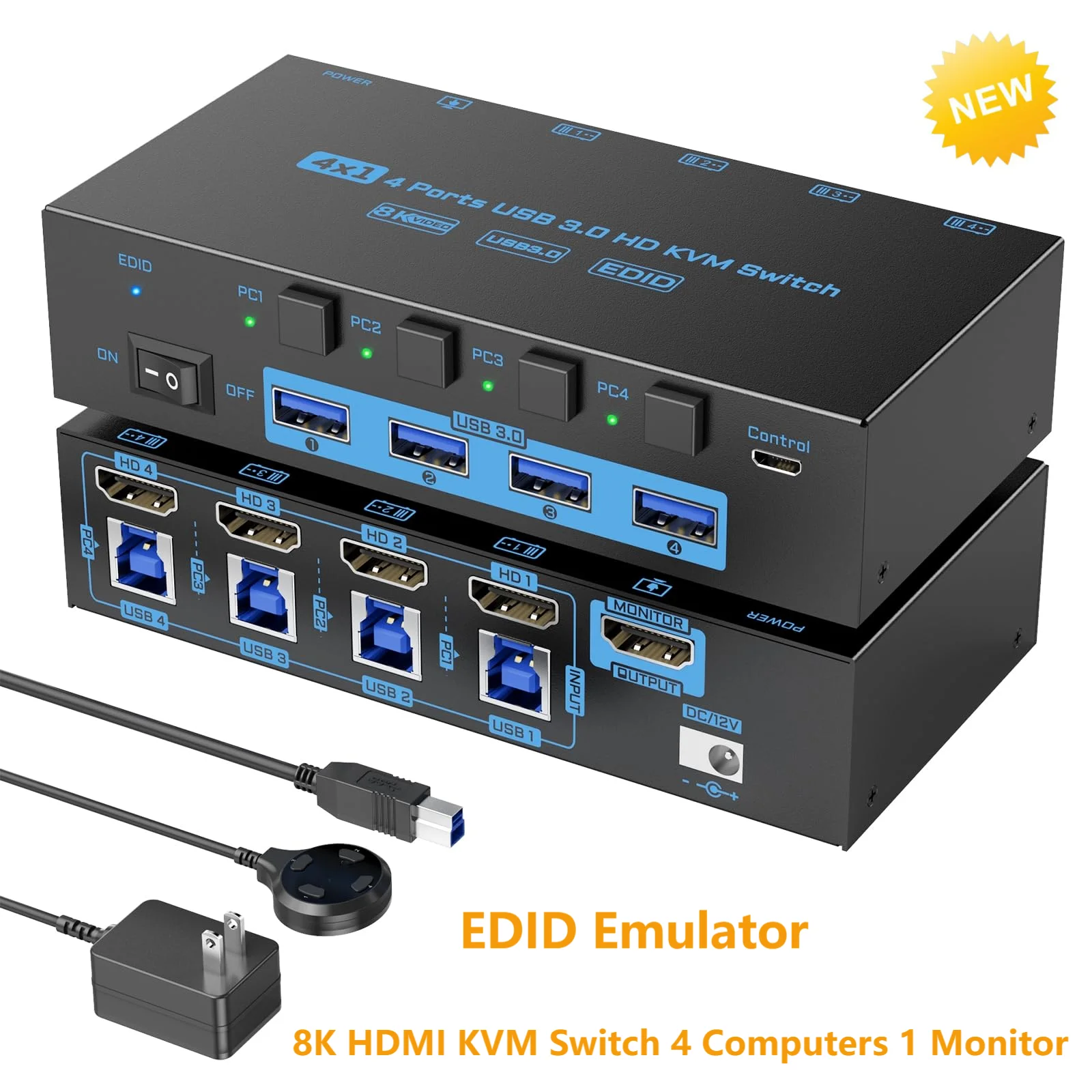 8K HDMI KVM Switch 4 Computers Share 1 Monitor, EDID Function KVM Switch HDMI 4 Port 8K@60Hz 4K@144Hz for 4 USB Devices,KCEVE