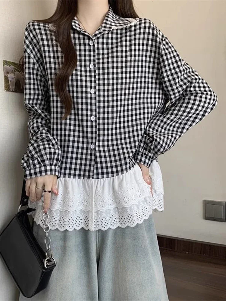 المرأة الحلو منقوشة قميص الفرنسية خمر نمط Preppy الدانتيل المرقعة بلوزة ريترو كم طويل سيدة لطيف بيتر بان طوق القمم #4