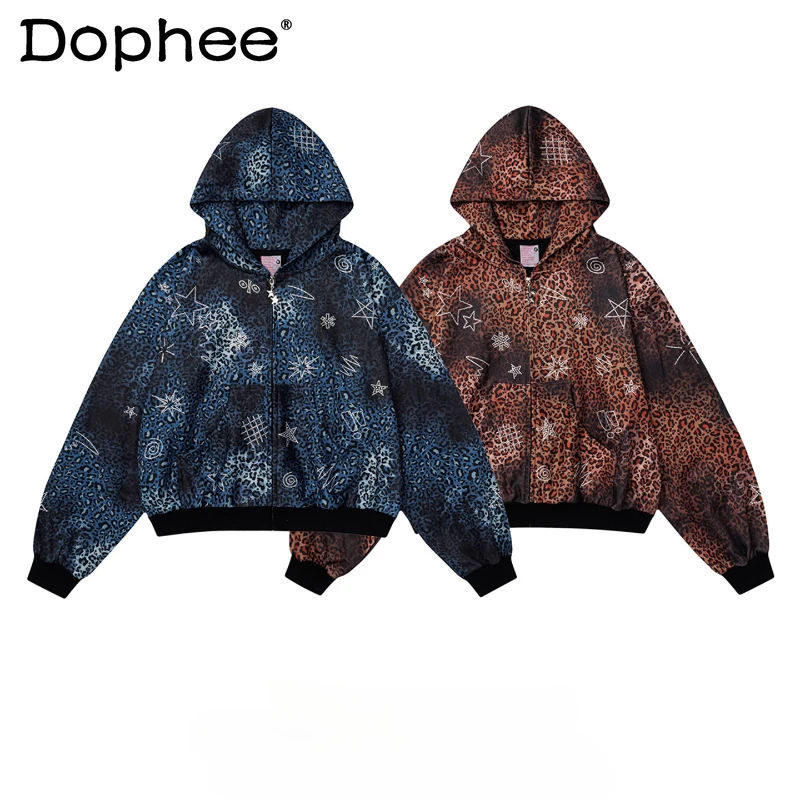 

Men Women 2025 Autumn New Trendy Versatile Jackets Retro Star Rhinestone Leopard Print Stylish Hooded Zipper Sweatshirts Coats