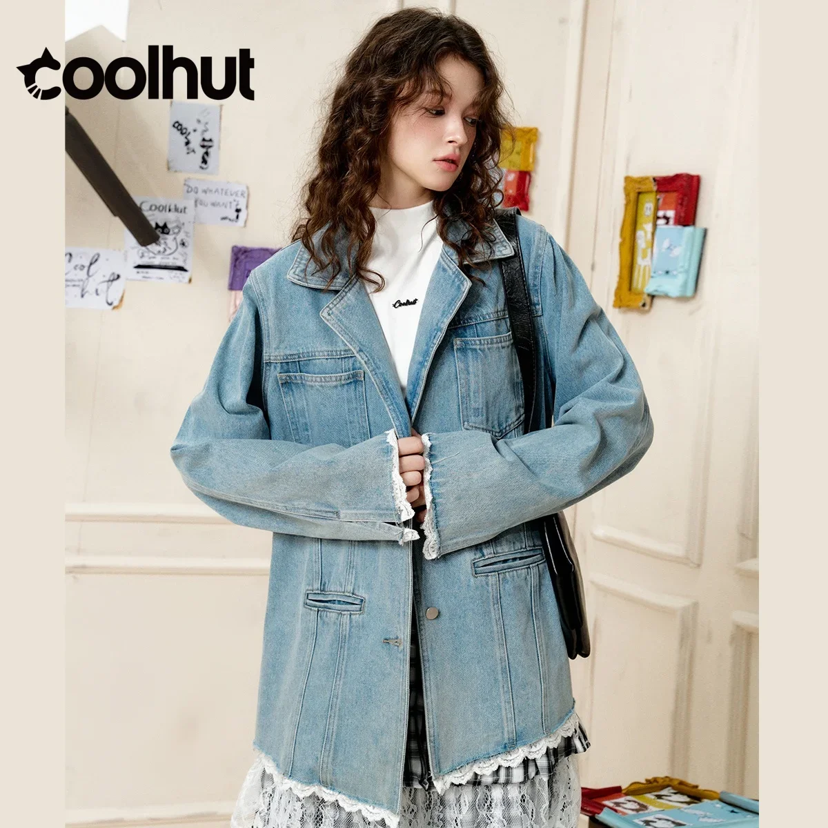 

COOLHUT 2025 Lace Trim Patchwork Oversized Pocket Fall Women's Denim Jacket Autumn Mid-Length American Casual Vintage Outerwear
