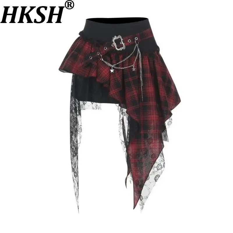 HKSH Women Short Skirt Asymmetric Plaid Patchwork Lace Pleated Chain Belted Streetwear Y2K Retro Punk Chic Skirts Summer HK22754