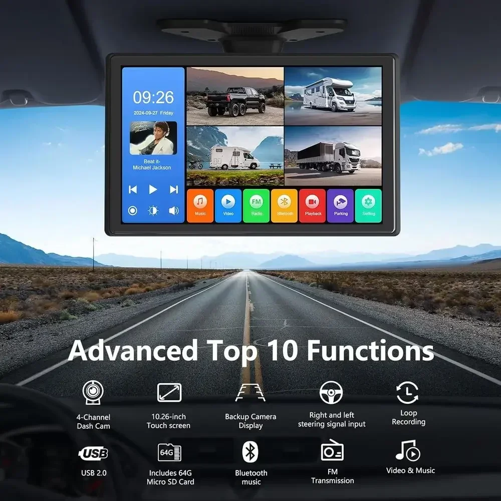 4 Channel Backup Camera System,Touchable 10.26 inch Monitor with DVR Stereo, 64GB Card, IP69 Waterproof, Nightvision 1080P Backu