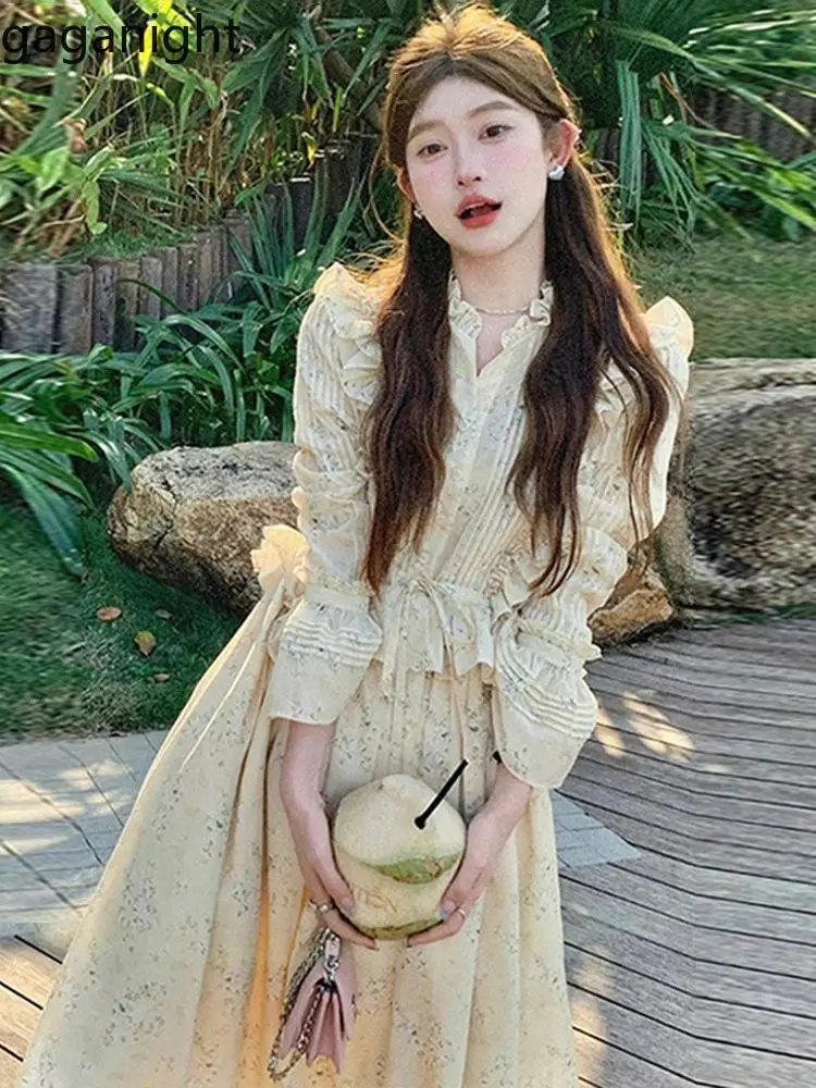 Gaganight Women Ruffle Edge Lace Up Little Yellow Fragmented Flower Dress 2024 Spring New Holiday Style Elegance Long Dresses