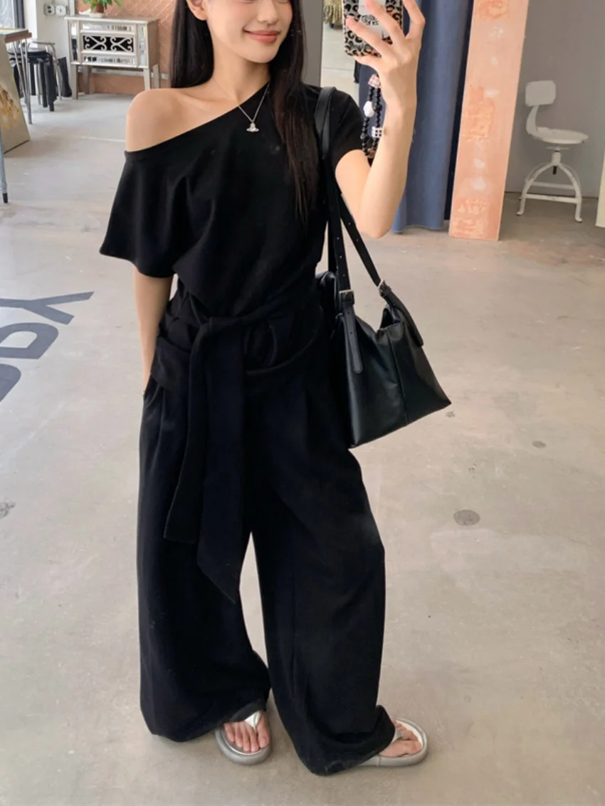 Alien Kitty Office Lady Women Suits Summer Elegant Solid Daily 2025 Mujer Skew Collar T-Shirts Chic Wide Leg Loose Pants