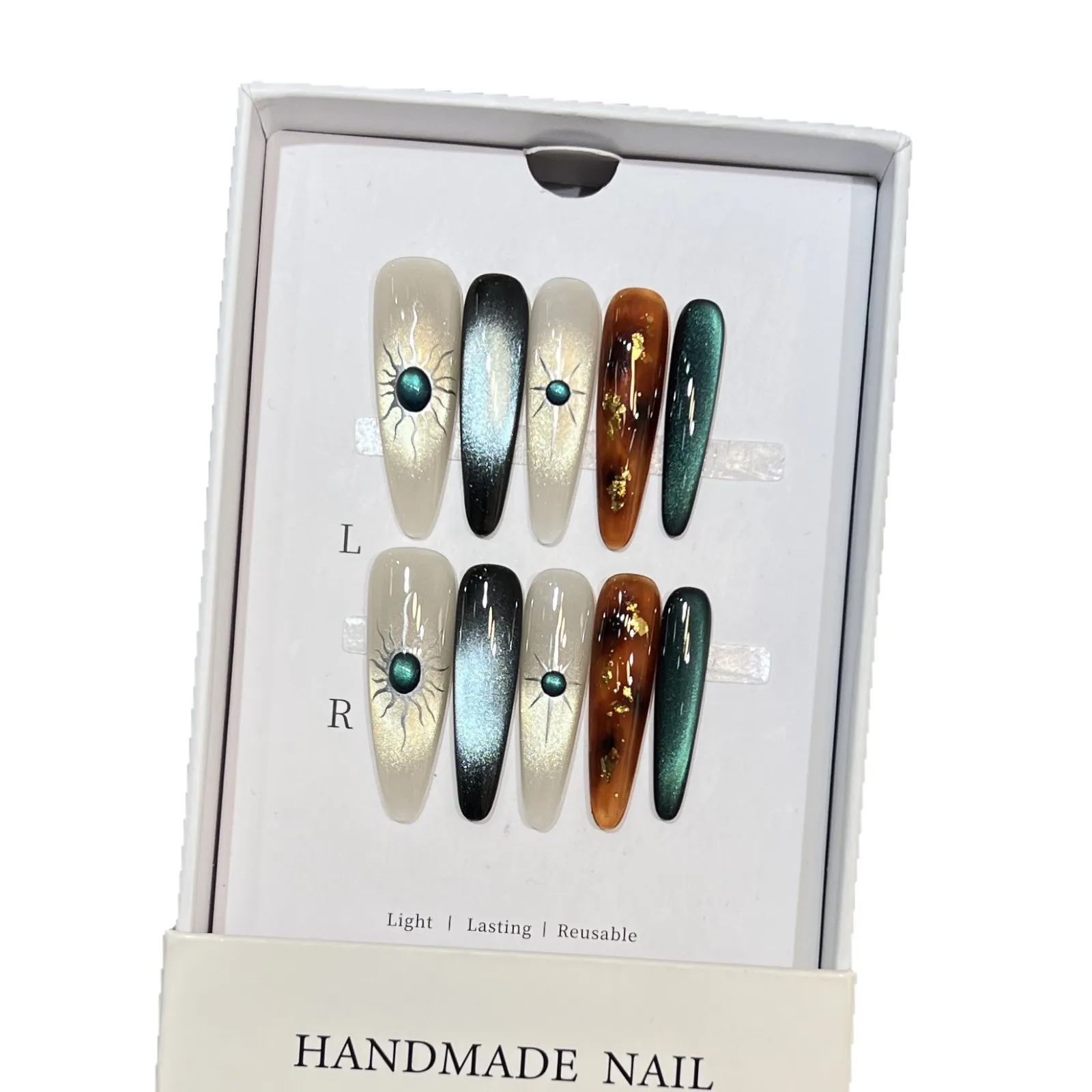 10 قطع اليدوية الأظافر وهمية الخريف والشتاء ارتداء مسمار قطعة ليوبارد طباعة الذهب احباط الزجاج القط العين مسمار الفن الأظافر وهمية #5