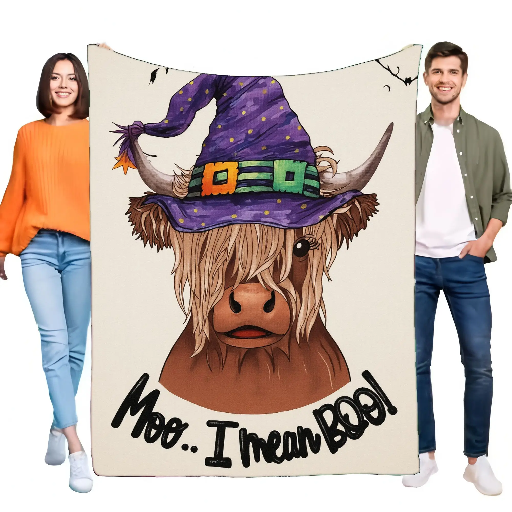 رائعتين المرتفعات البقرة هالوين بطانية لينة رمي ديكور سرير مريح Moo I يعني بو تصميم لعوب مع قبعة الساحرة مثالية للمنزل