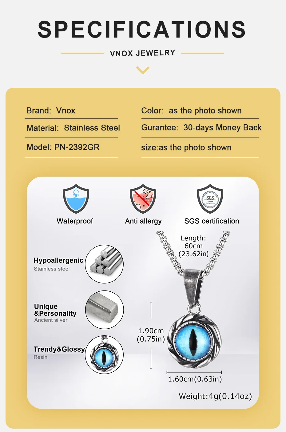 Vnox Herren Edelstahl Blaues Böses Auge Anhänger Halskette Vintage Graue Gedrehte Lünette Kastenkette Halsketten Punk Amulett Schmuck Geschenk – Detail 4