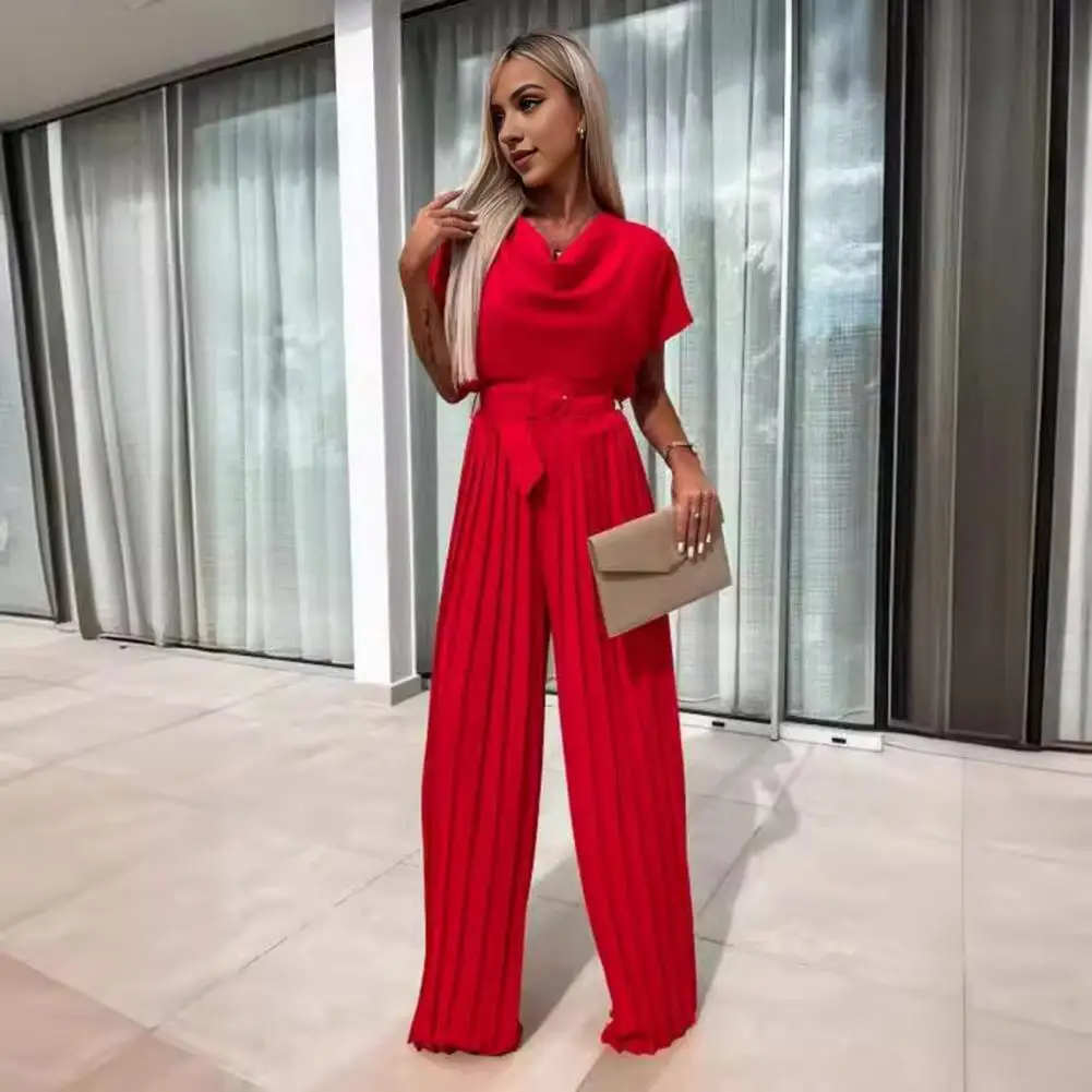 Pure Color Jumpsuit Elegant Women's Wide Leg Jumpsuit with Belted Waist Pleated Collar for Formal Occasions Office Wear Stacked