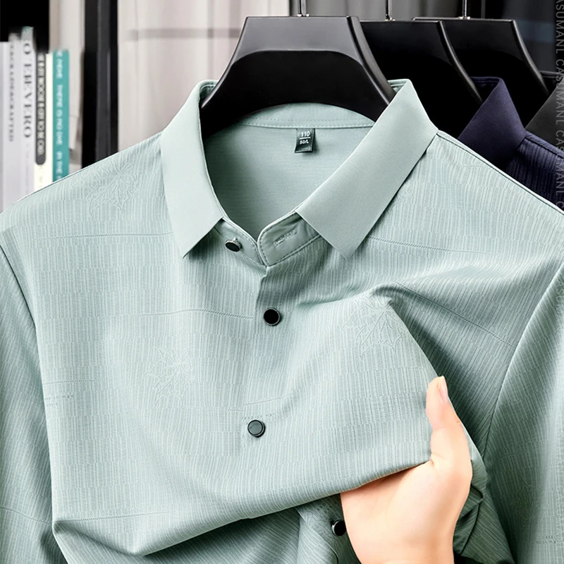 

TFETTERS 2025 весенне-осенняя элегантная мужская шелковая классическая рубашка с длинным рукавом, облегающая рубашка с квадратным воротником против морщин, мужская вечерние рубашка