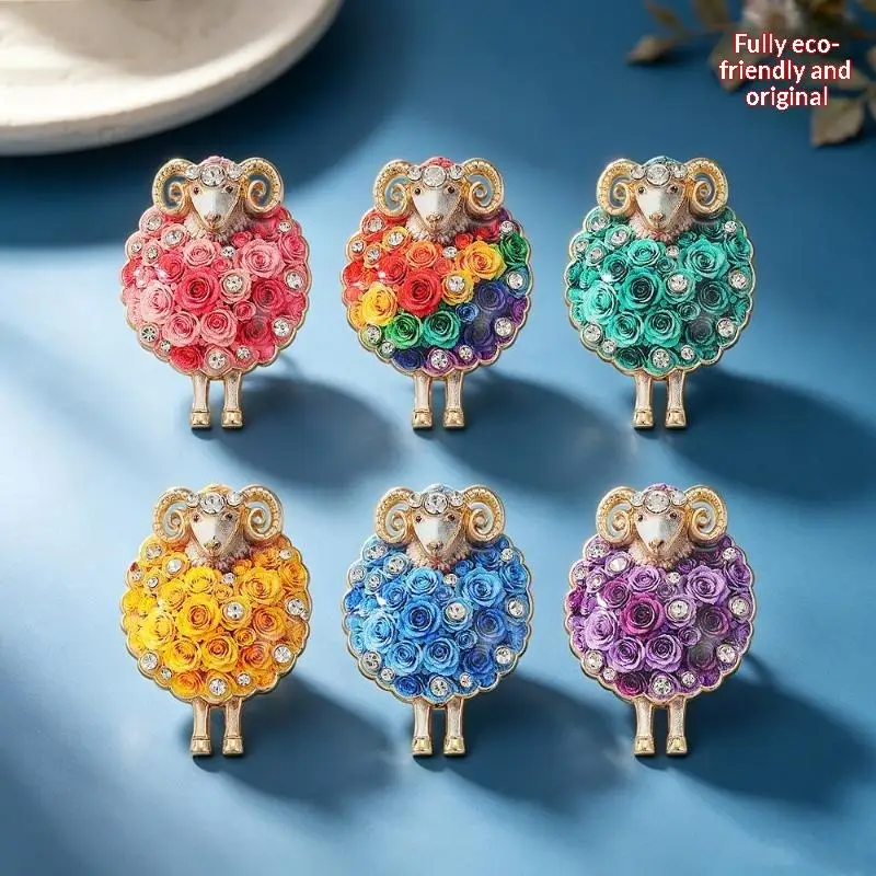 § Cute Sheep Shape Brooch With Shiny Rhinestone Inlay Colorful Rose Design For Daily Wear Party Accessory Gift For Women